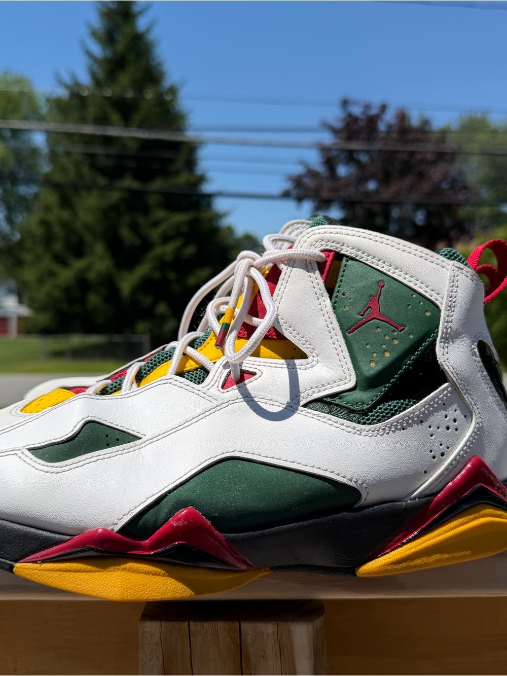 Jordan High-Top Basketball Sneakers in White, Green, Yellow & Red